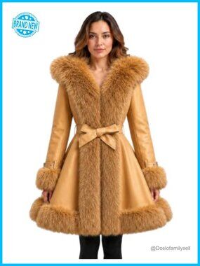 Vegan Leather Belted A-Line Winter Coat Faux Fur Trim Hood 3/4 Length